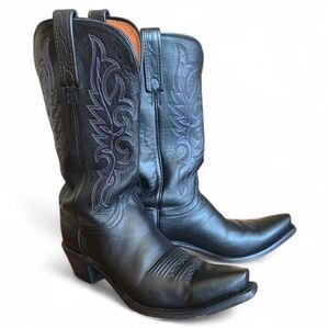 Lucchese Black Leather Snip Toe Boots Purple Stitch Made in USA Womens 9B
